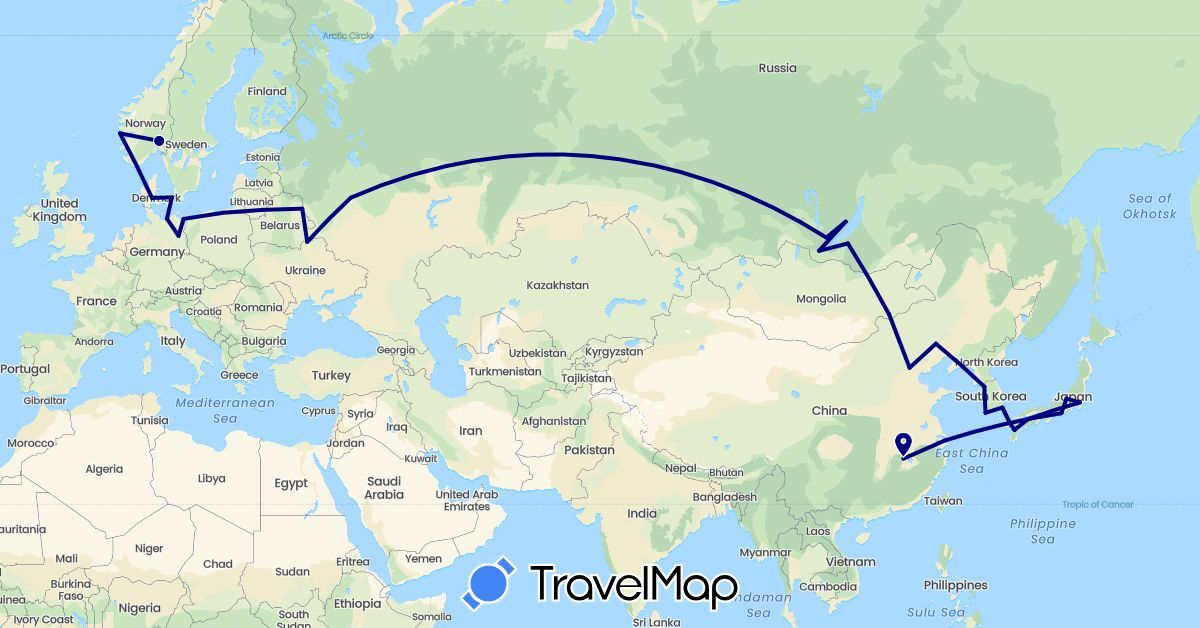 TravelMap itinerary: driving in Belarus, China, Germany, Denmark, Japan, South Korea, Lithuania, Mongolia, Norway, Russia, Ukraine (Asia, Europe)